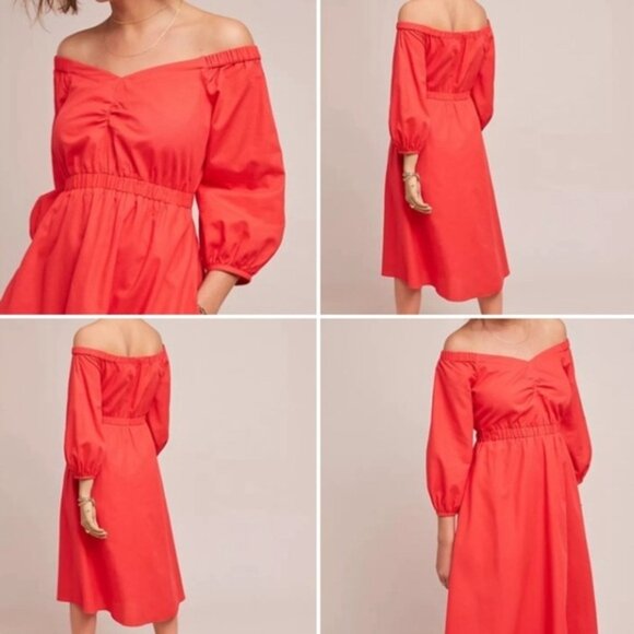 Anthropologie Klara off-shoulder dress full sleeve pockets V neck cotton 6Petite - Picture 14 of 14